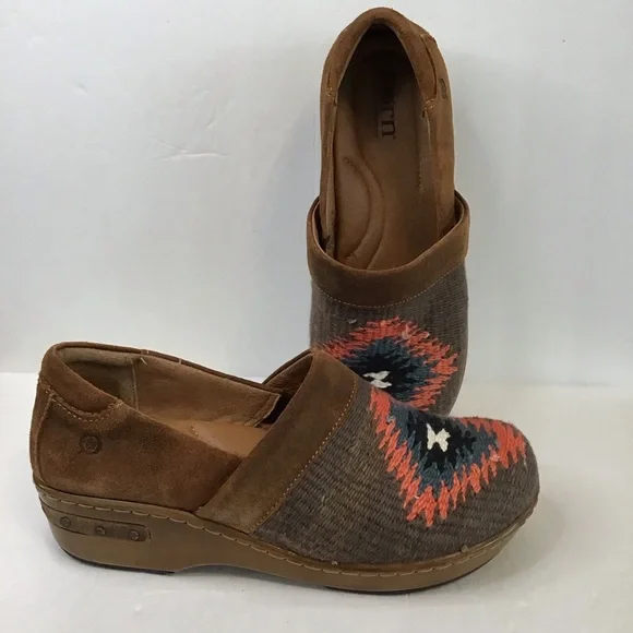 BORN Women's Brown Suede Slip-On Clogs Coral Blue Woven Southwest Accent 9 - Picture 3 of 9